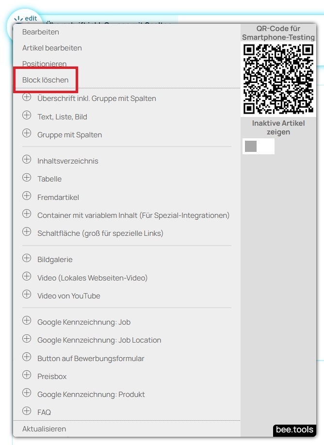 FEE Kontextmenue block loeschen